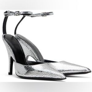 BY FAR Silver Textured Heels Pumps with Ankle Strap EU40/ US9-10